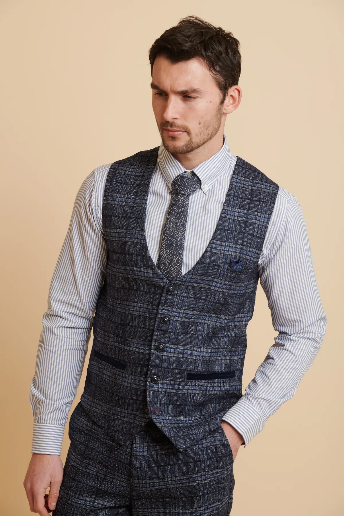 ANDY - Blue Single Breasted Check Waistcoat