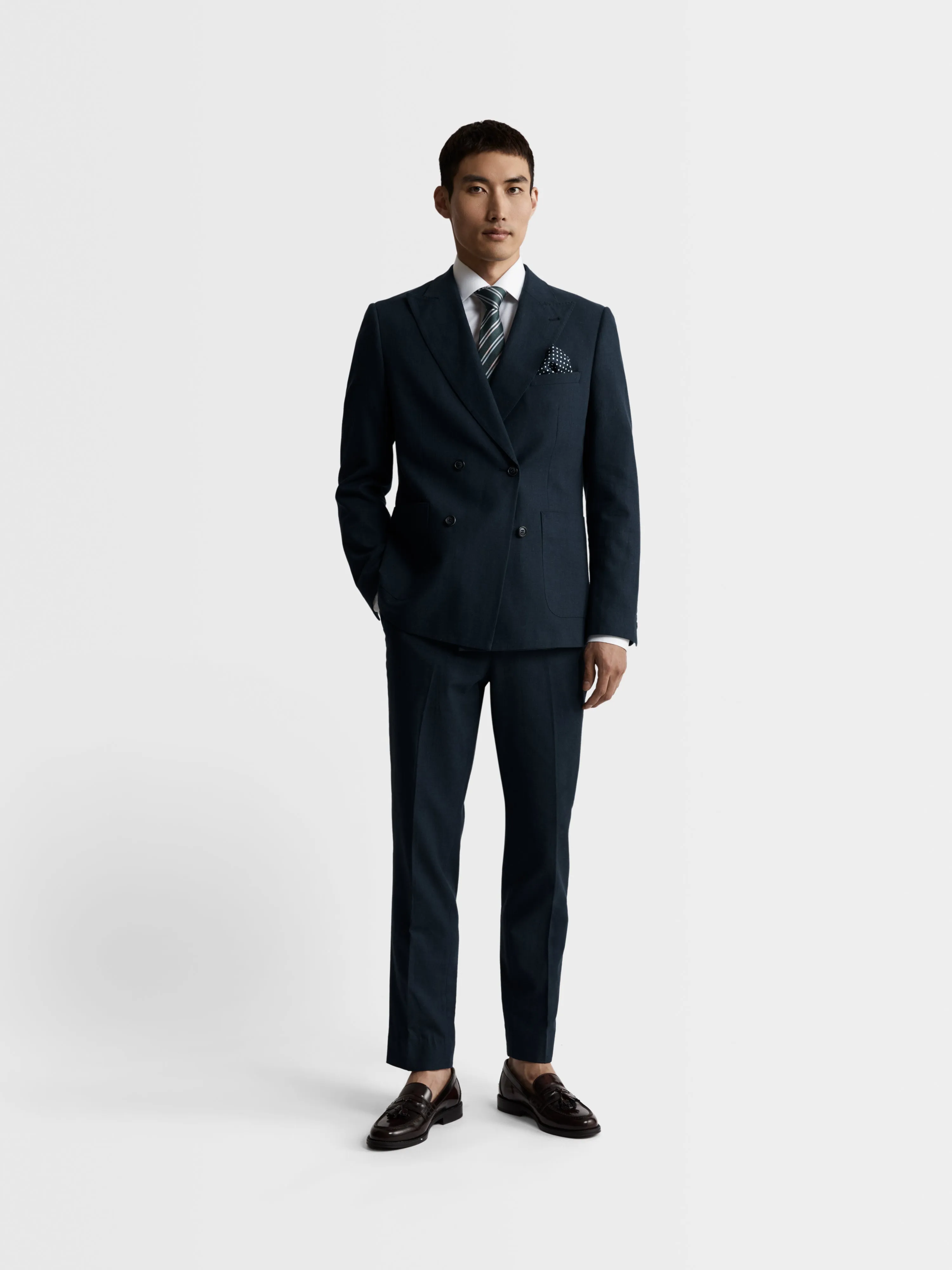 Archer Linen-Blend Slim Double Breasted Navy Suit Jacket