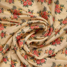 Beige Floral Print Cotton Silk Fabric