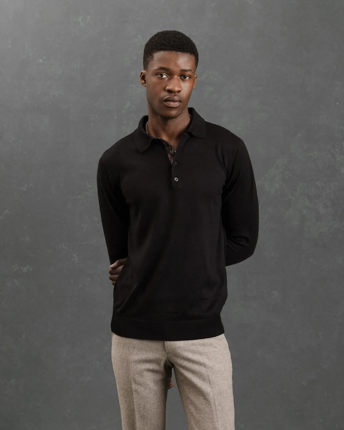 Black Knit Polo with Ripple Accents