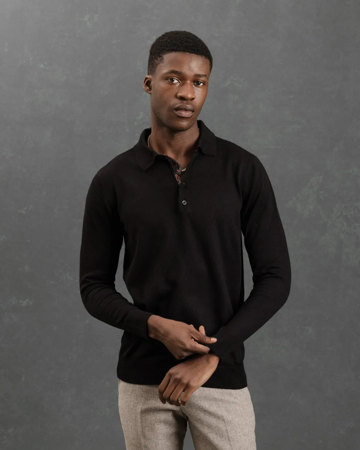 Black Knit Polo with Ripple Accents