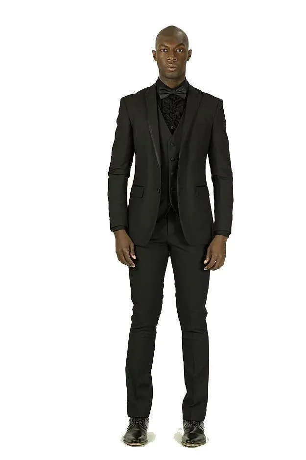 Black Tuxedo Slim Fit  3 Piece with Trimmed Peak Lapel