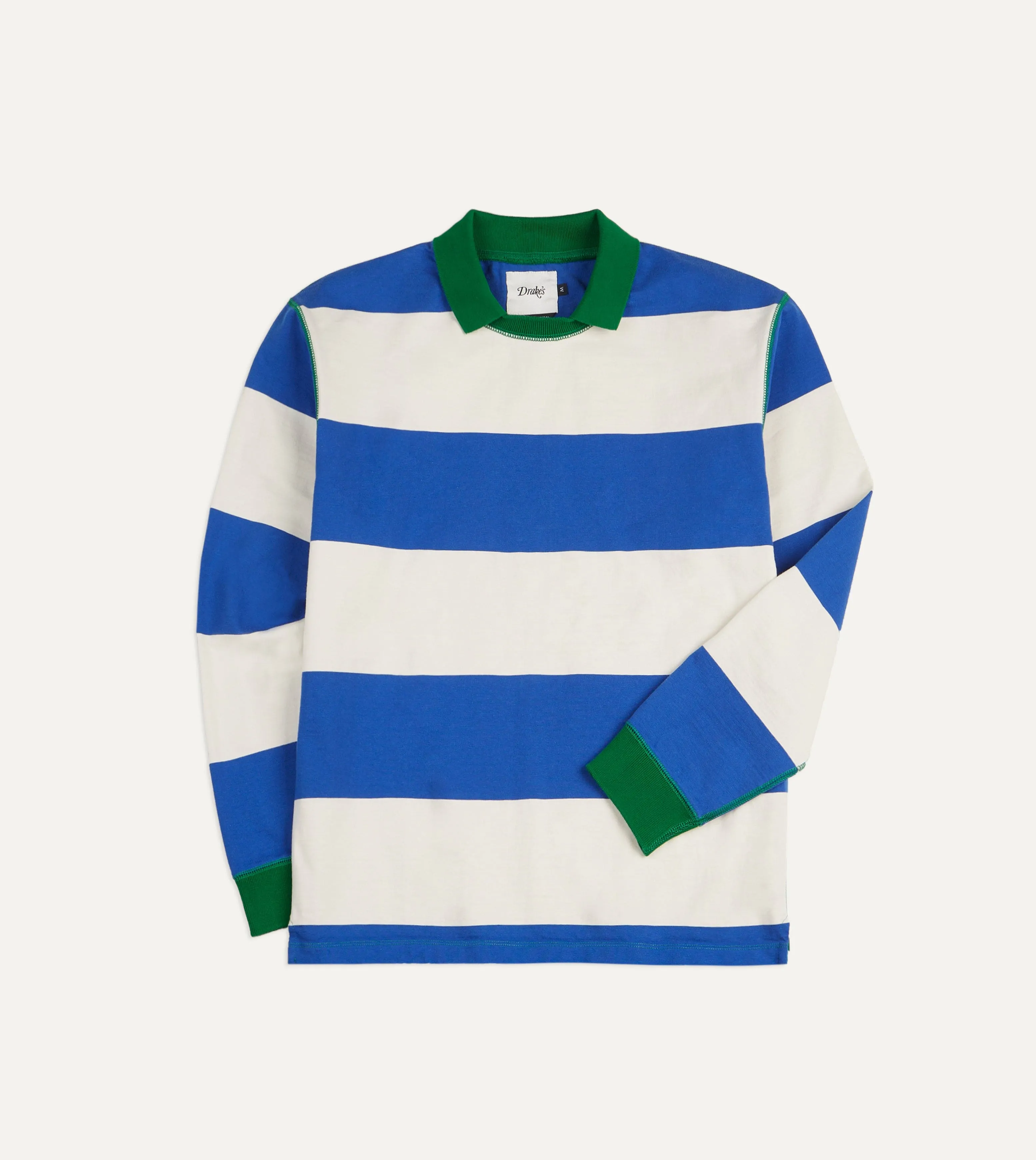 Blue and White Wide Stripe Mock Collar Long-Sleeve Jersey