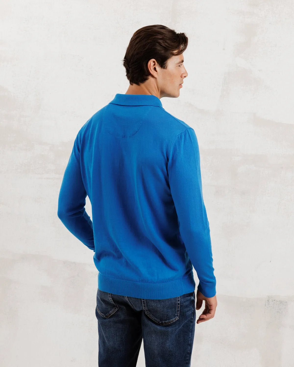 Blue Knit Polo with Blossom Accents