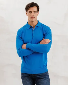 Blue Knit Polo with Blossom Accents