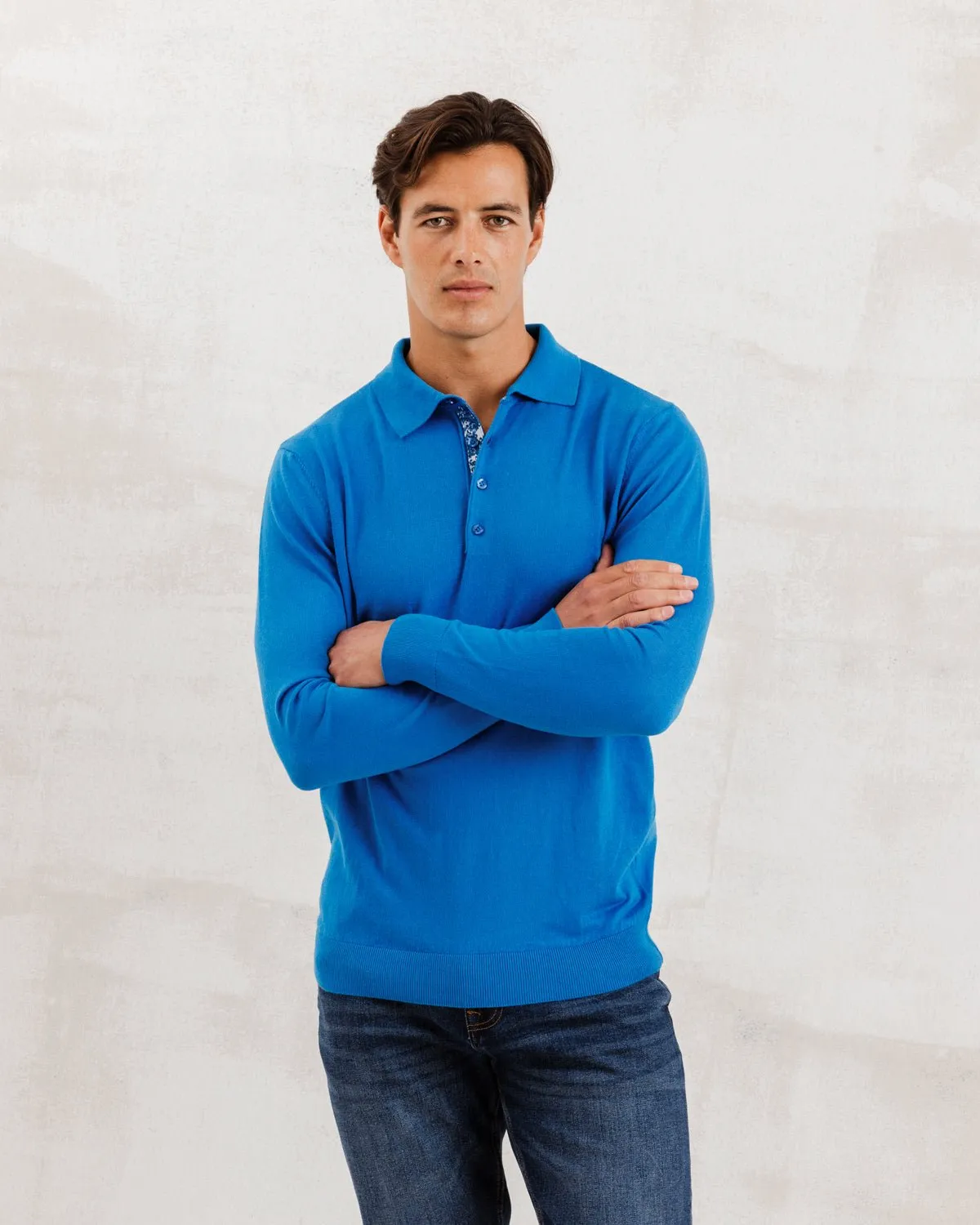 Blue Knit Polo with Blossom Accents