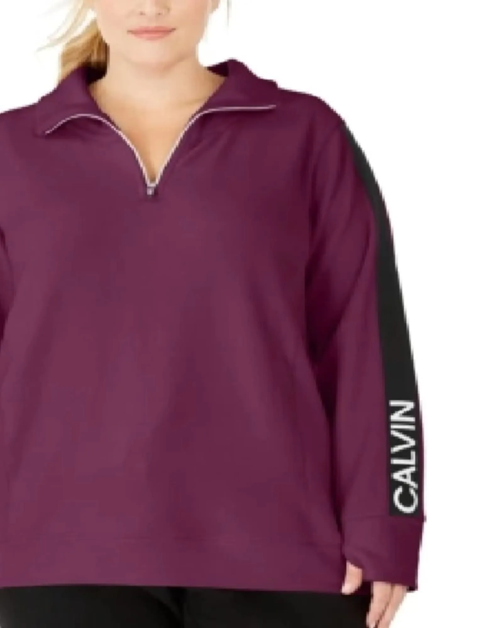 Calvin Klein Women's Performance Plus Logo Sleeve Zip Neck Top Purple Size 1X | Purple