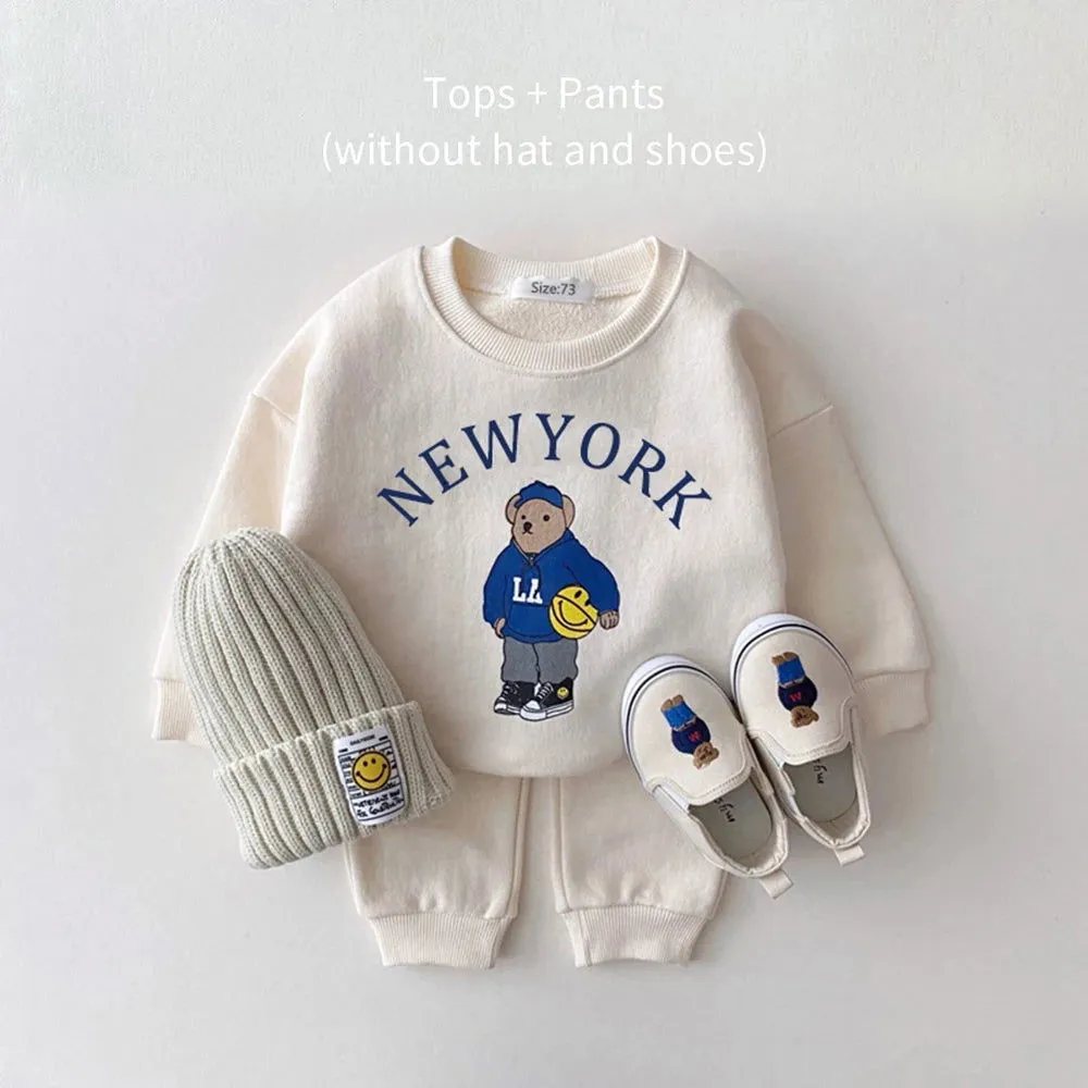 Cartoon Bear New York Print Cotton Sweatshirt and Jogger Pants