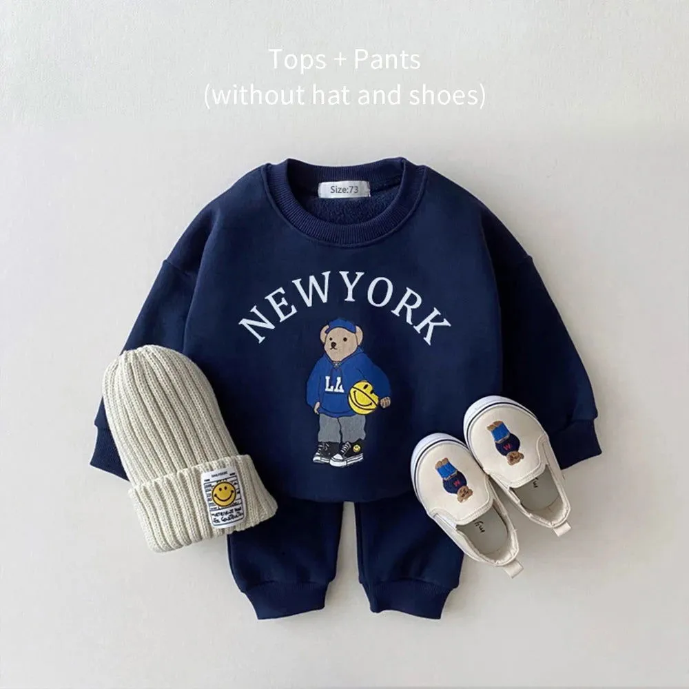 Cartoon Bear New York Print Cotton Sweatshirt and Jogger Pants