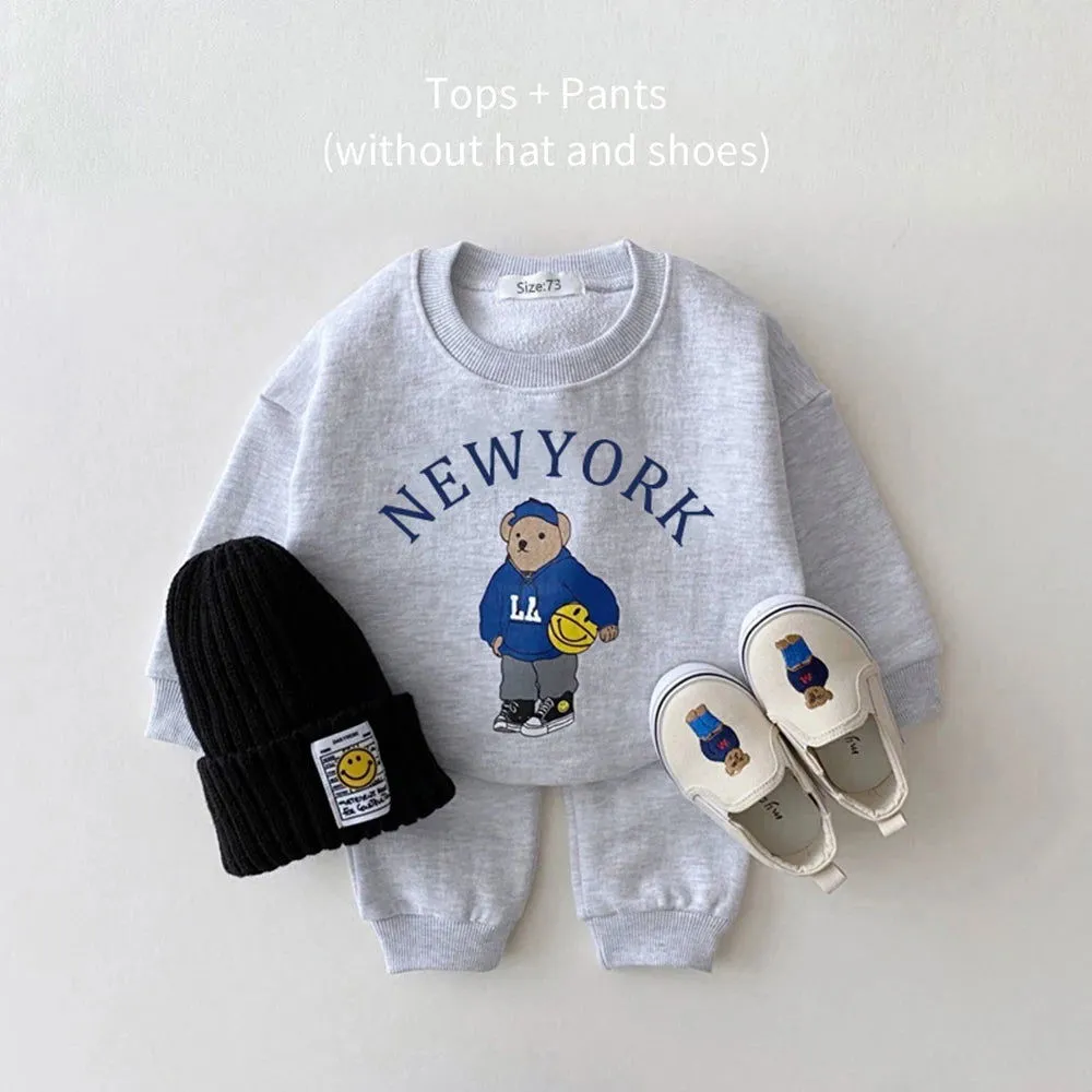 Cartoon Bear New York Print Cotton Sweatshirt and Jogger Pants