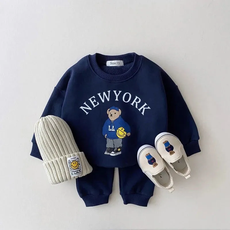 Cartoon Bear New York Print Cotton Sweatshirt and Jogger Pants