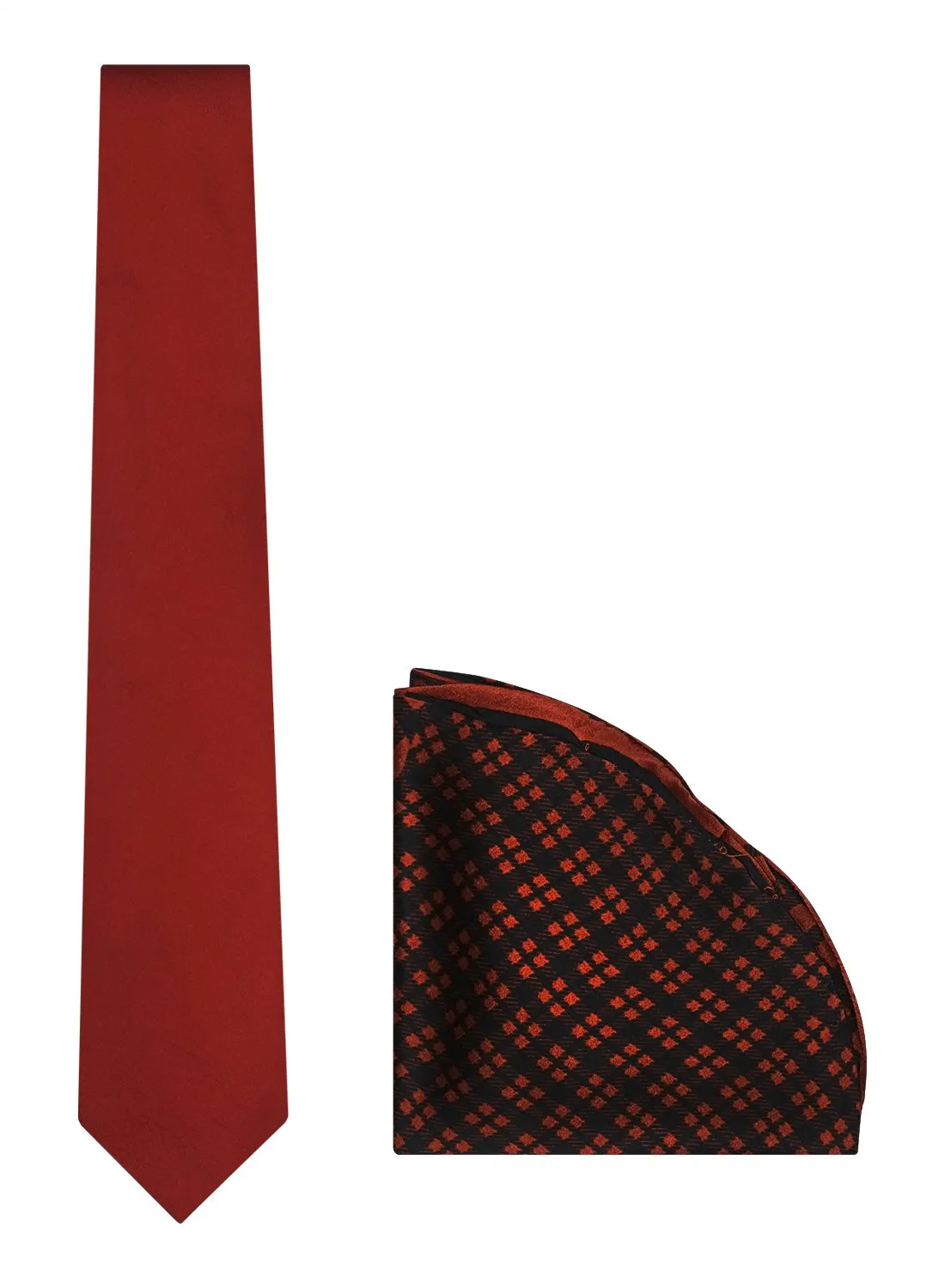 Chokore Red color Plain Silk Tie & Double-sided Brick Red & Black Silk Pocket Circle set