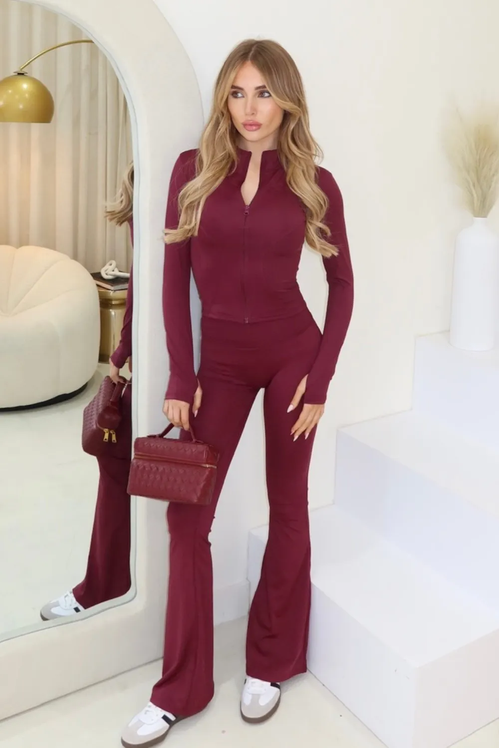 Cindy burgundy zip jacket and ruched bum flares activewear