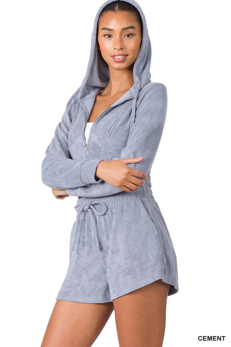 Cropped Zip Up Hoodie & Shorts Set in Soft Gray Loop Terrycloth