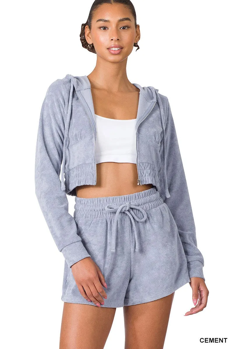 Cropped Zip Up Hoodie & Shorts Set in Soft Gray Loop Terrycloth