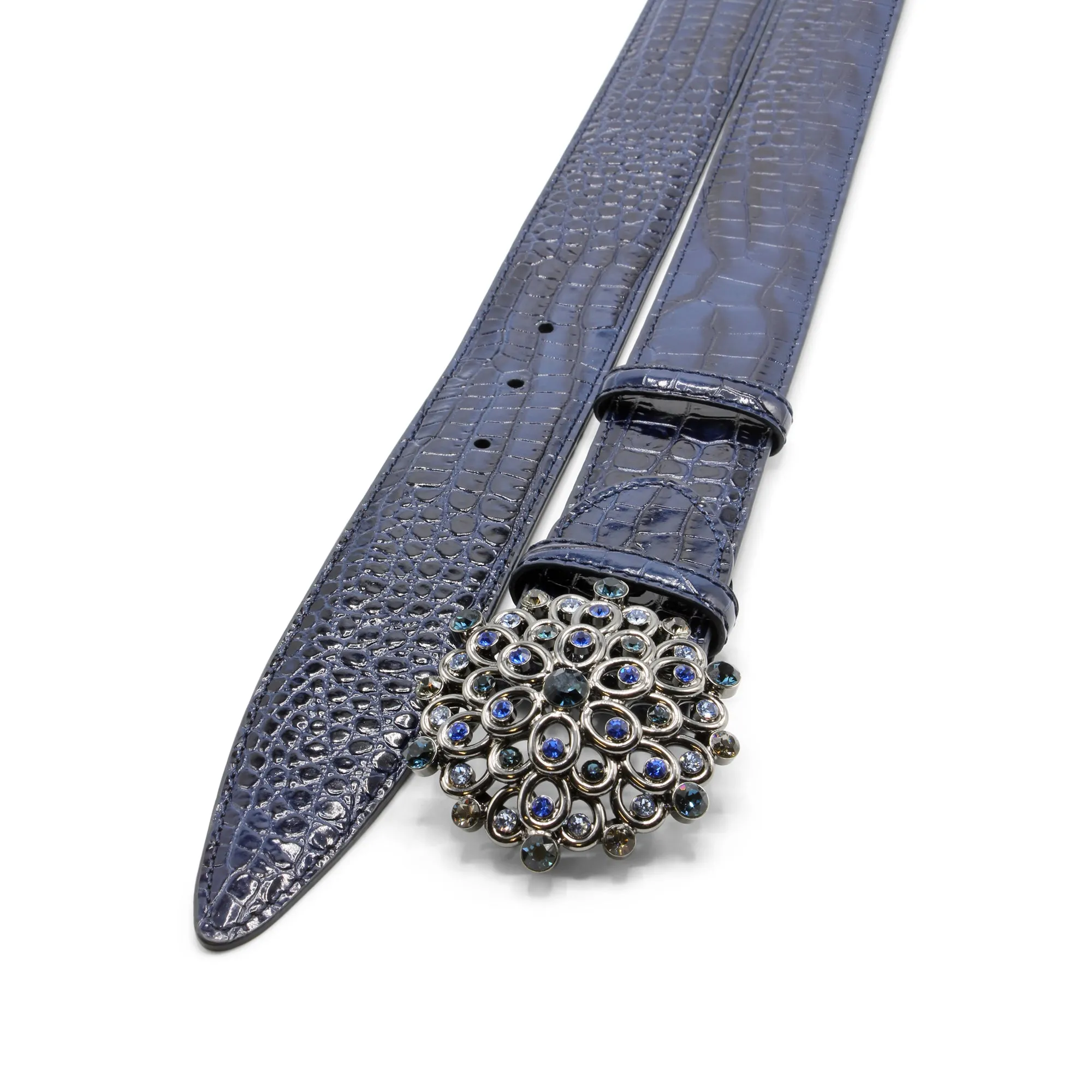 Deep Navy Mock Croc Brush Off Crystal Sunburst Belt