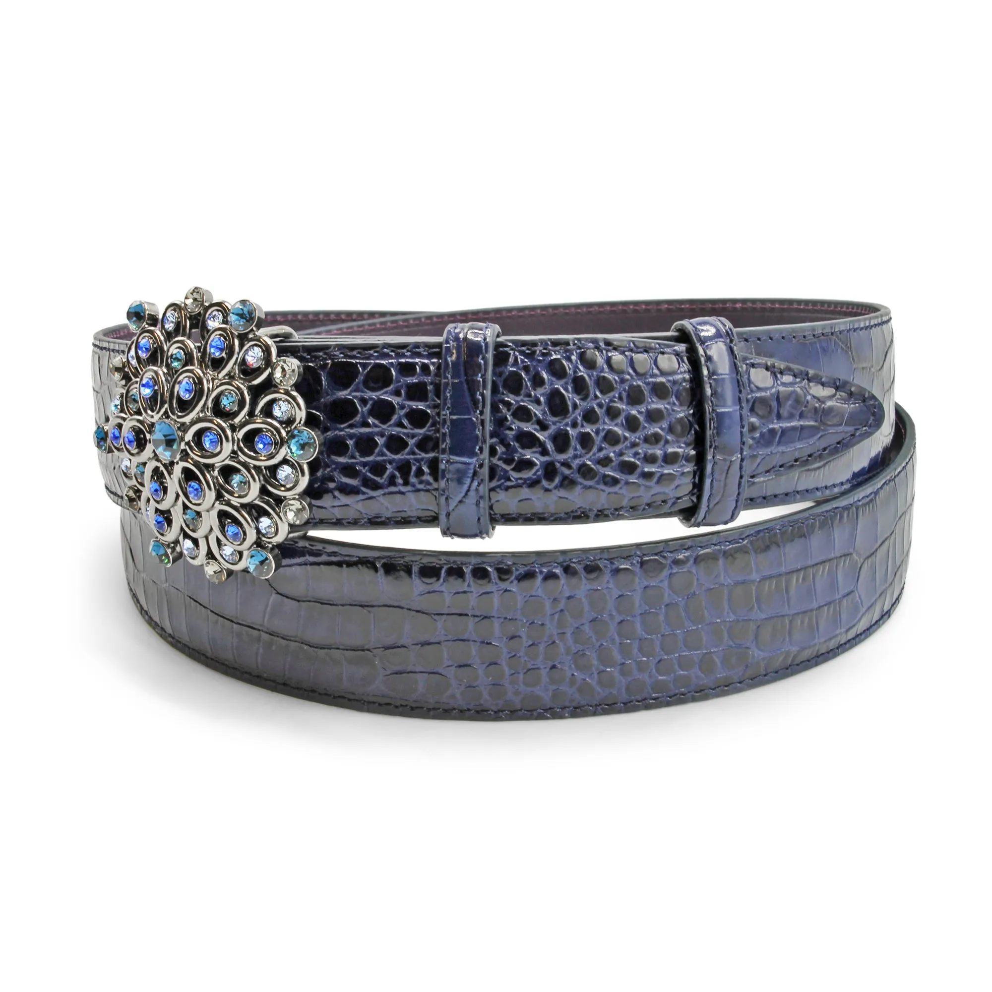 Deep Navy Mock Croc Brush Off Crystal Sunburst Belt