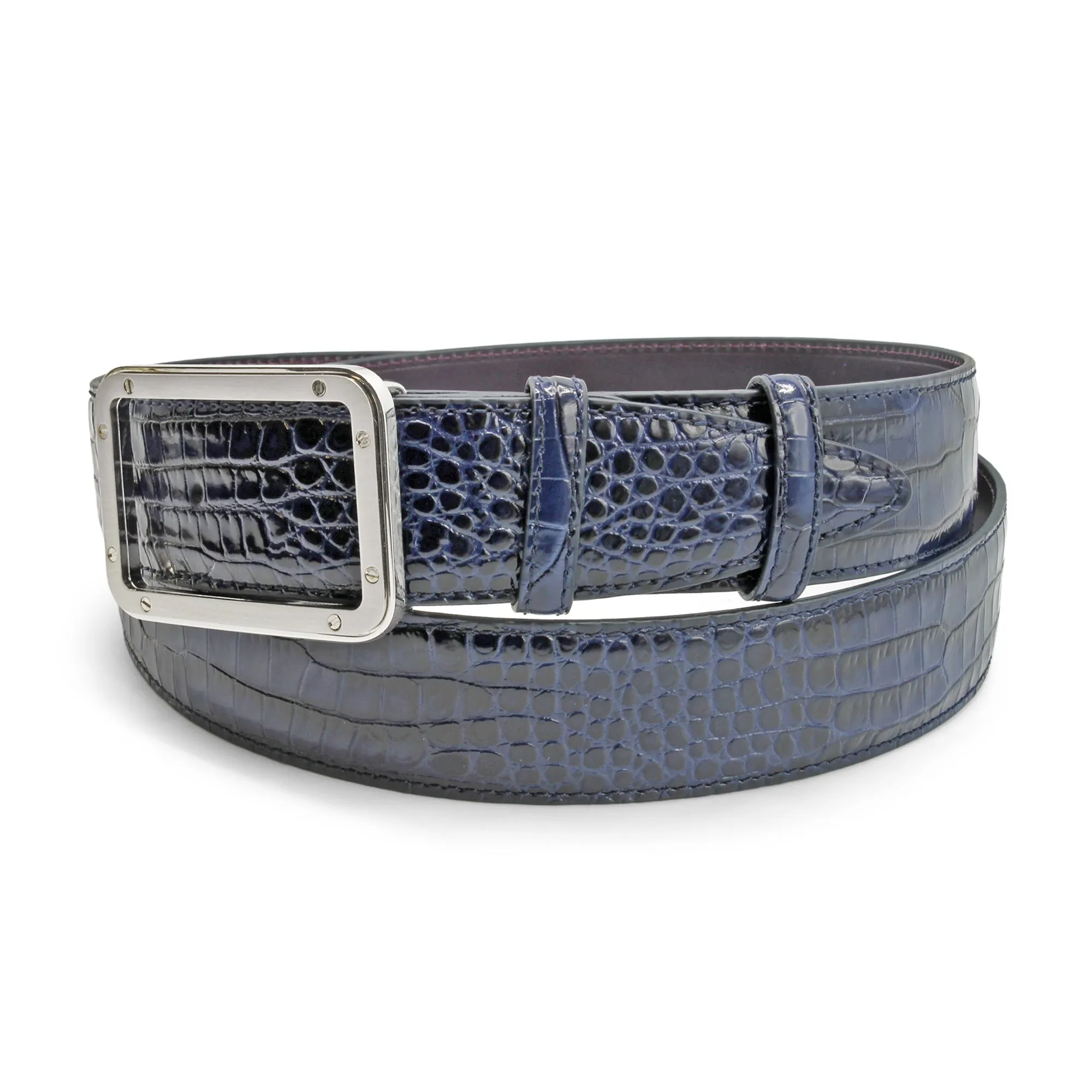 Deep Navy Mock Croc Brush Off Screw Frame Belt