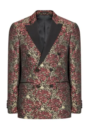 Double Breasted Metallic Floral Embroidery Peak Lapel Tuxedo Jacket - Burgundy