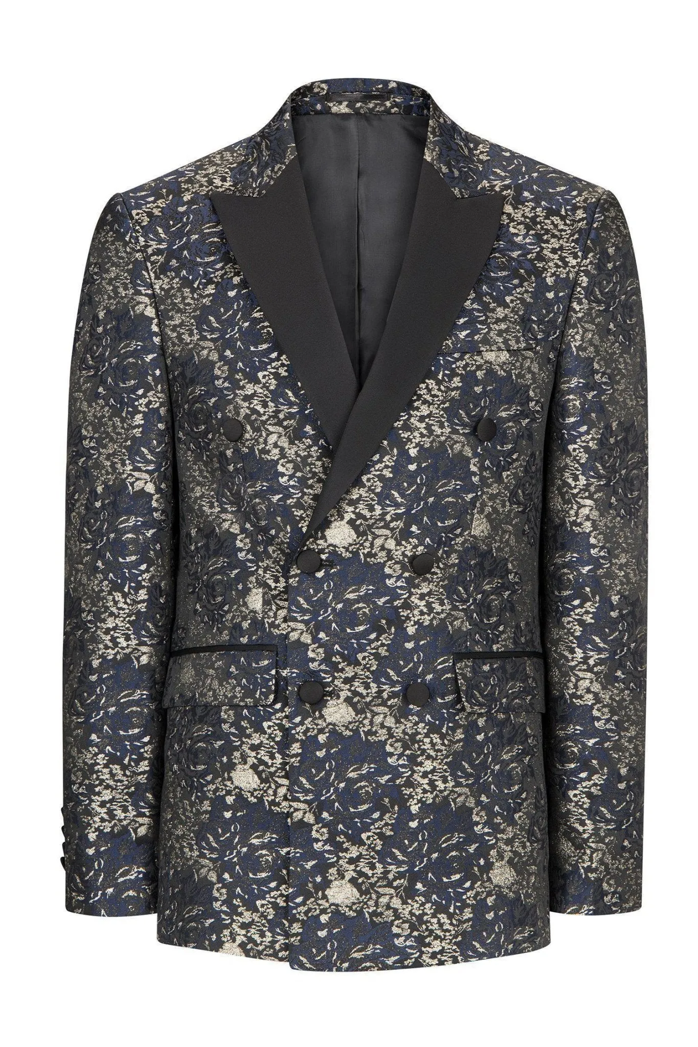 Double Breasted Metallic Floral Embroidery Peak Lapel Tuxedo Jacket - Navy