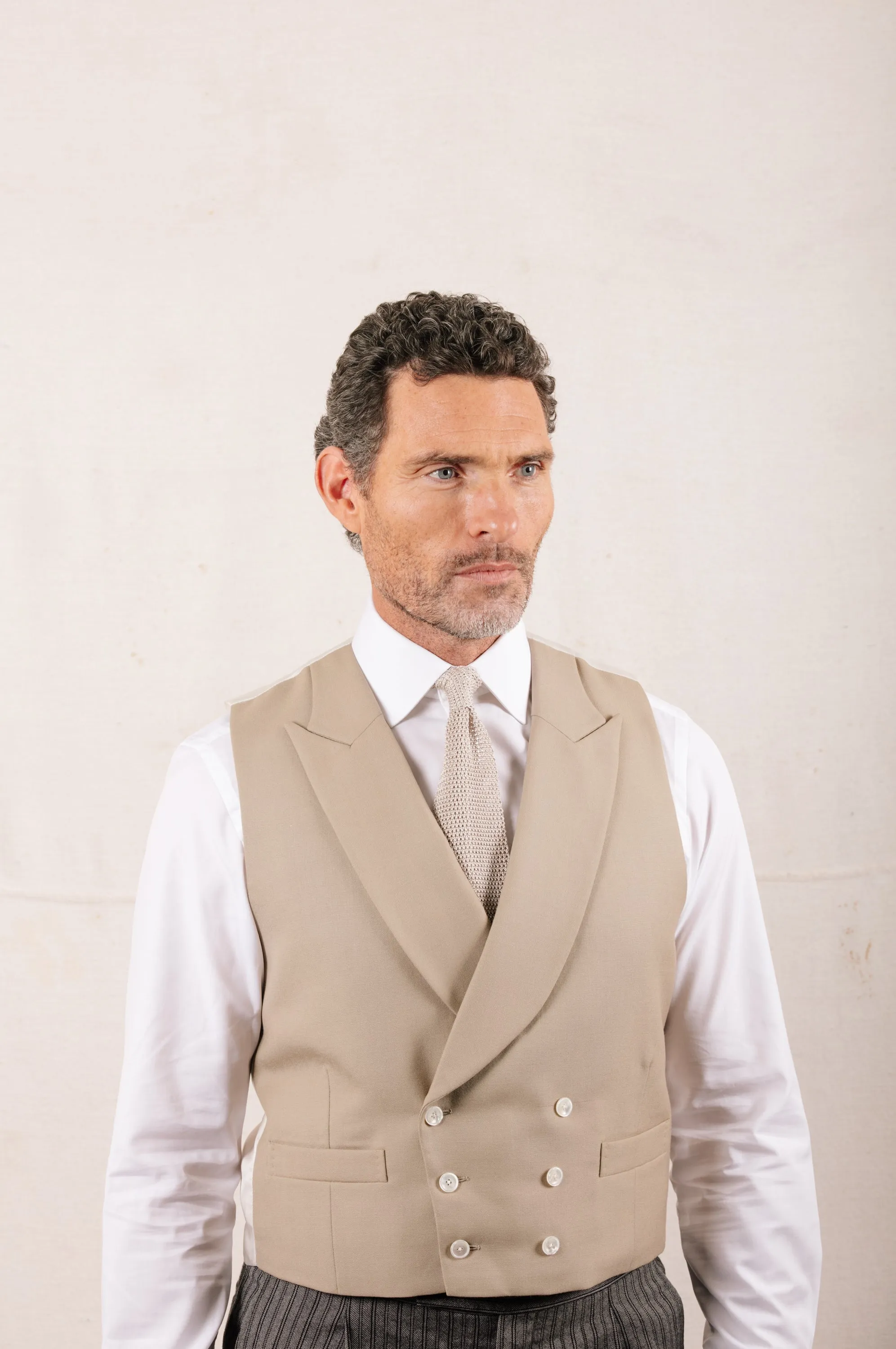 Double Breasted Wool Waistcoat in Buff Cream