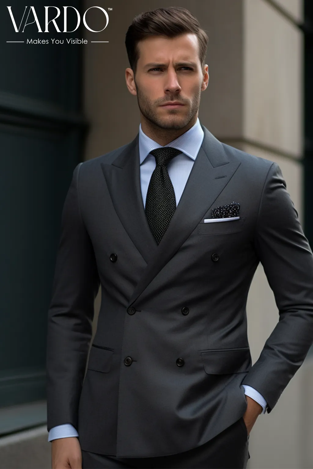 Elegant Dark Grey Double Breasted Suit for Men -Tailored Suit