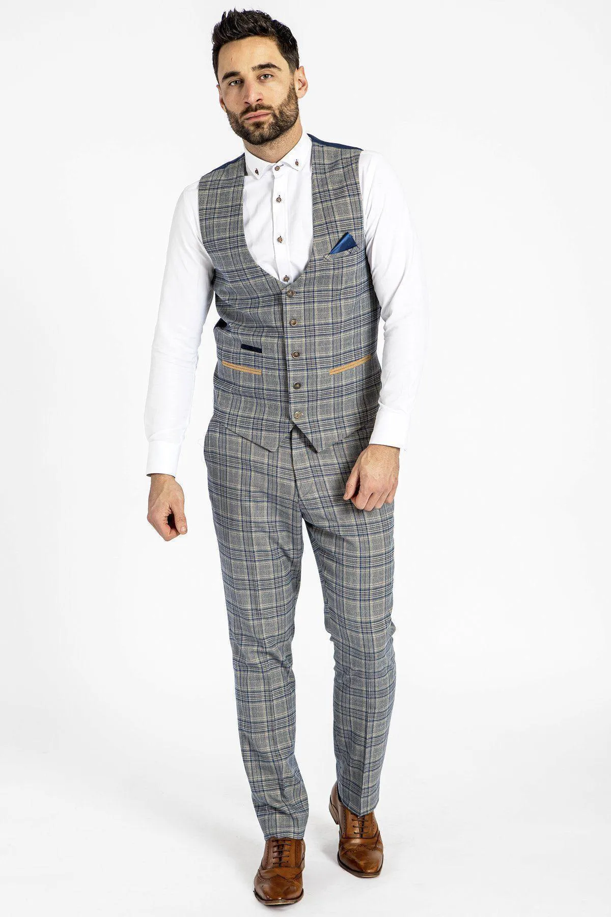 ENZO - Sky Stone Check Tweed Single Breasted Waistcoat