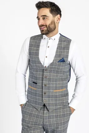 ENZO - Sky Stone Check Tweed Single Breasted Waistcoat