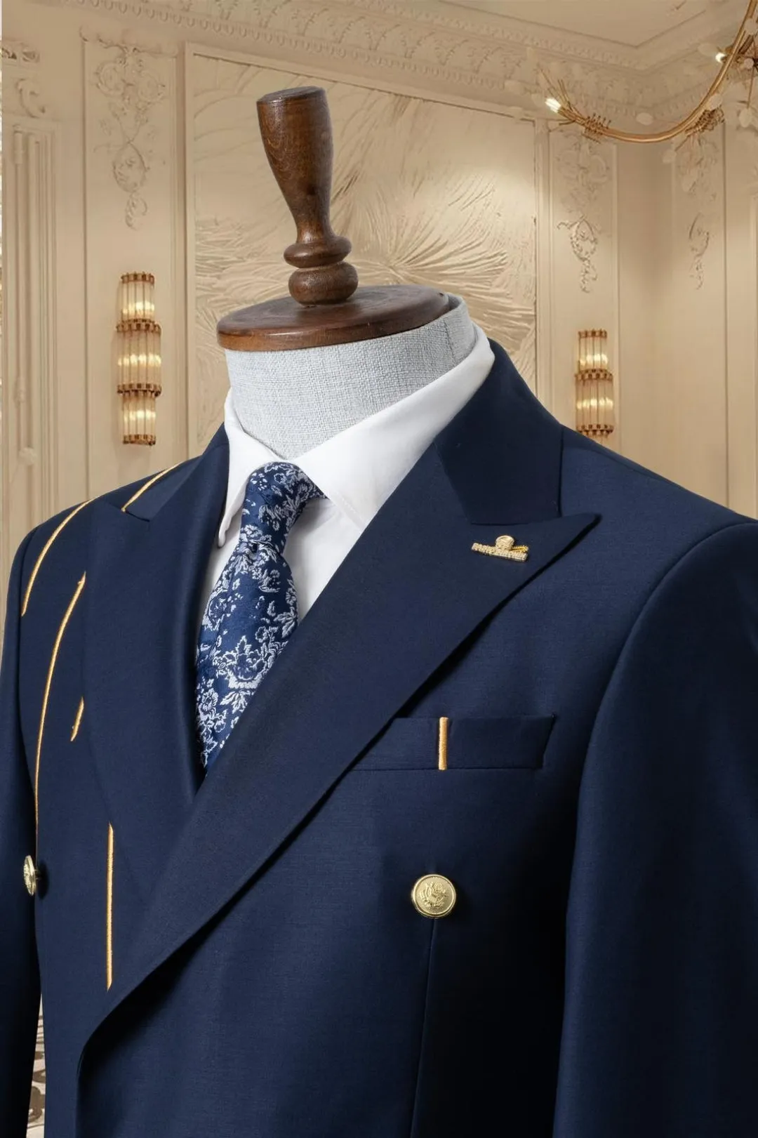 Gold Embroidered 2-piece Slim Fit Blue Suit