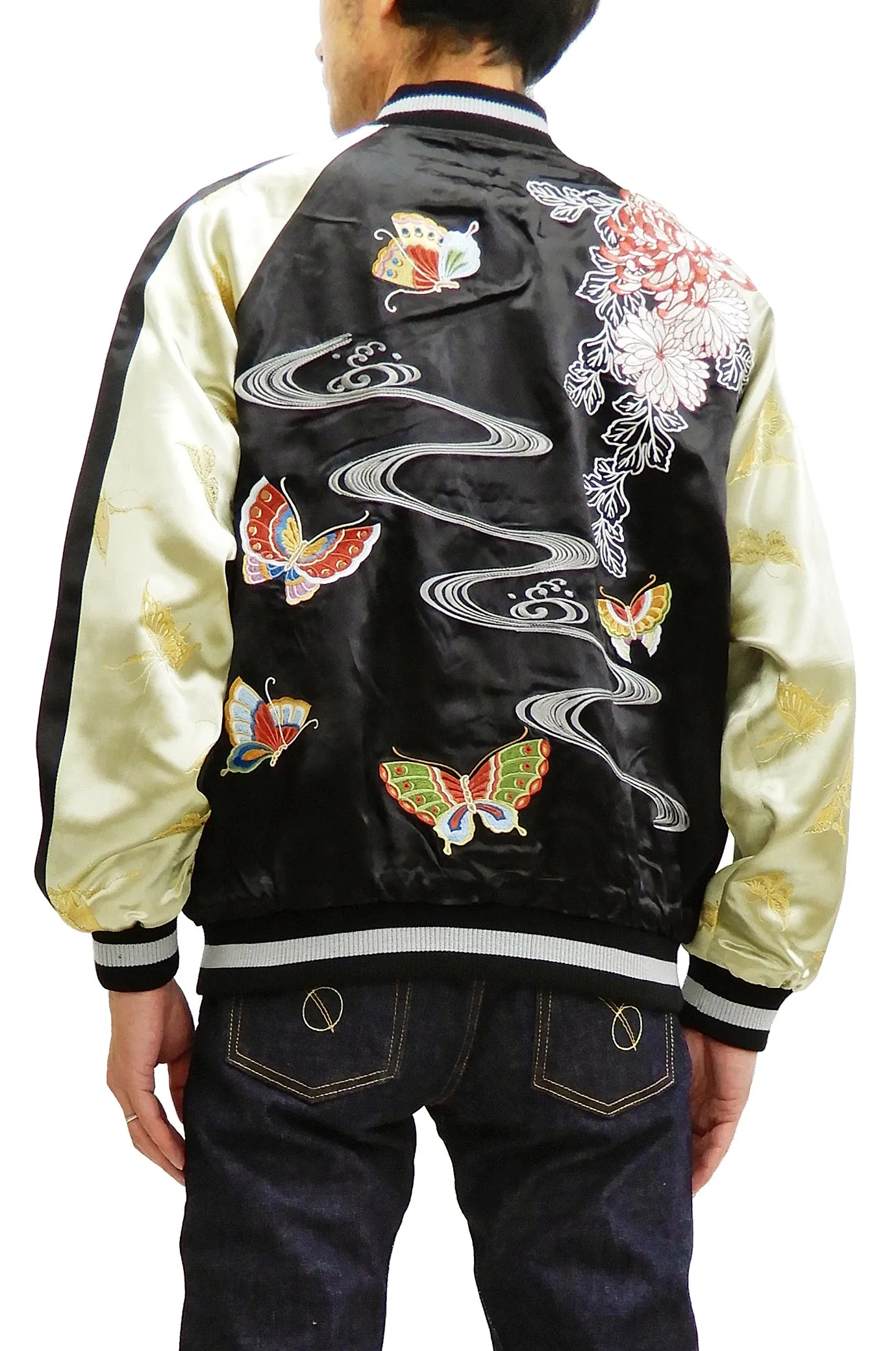 Hanatabi Gakudan Men's Japanese Souvenir Jacket Japanese Butterfly Art Sukajan Script SSJ-704