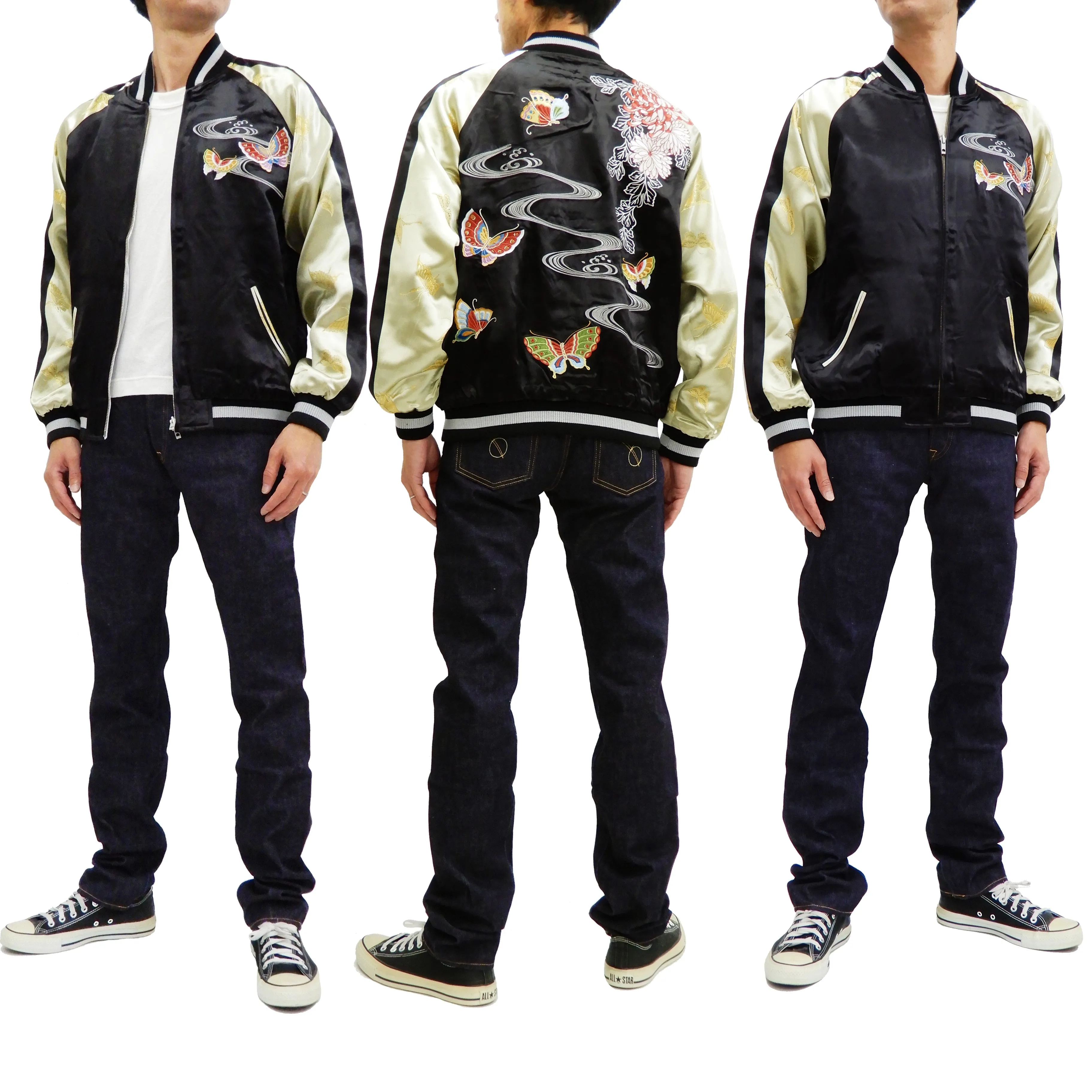 Hanatabi Gakudan Men's Japanese Souvenir Jacket Japanese Butterfly Art Sukajan Script SSJ-704