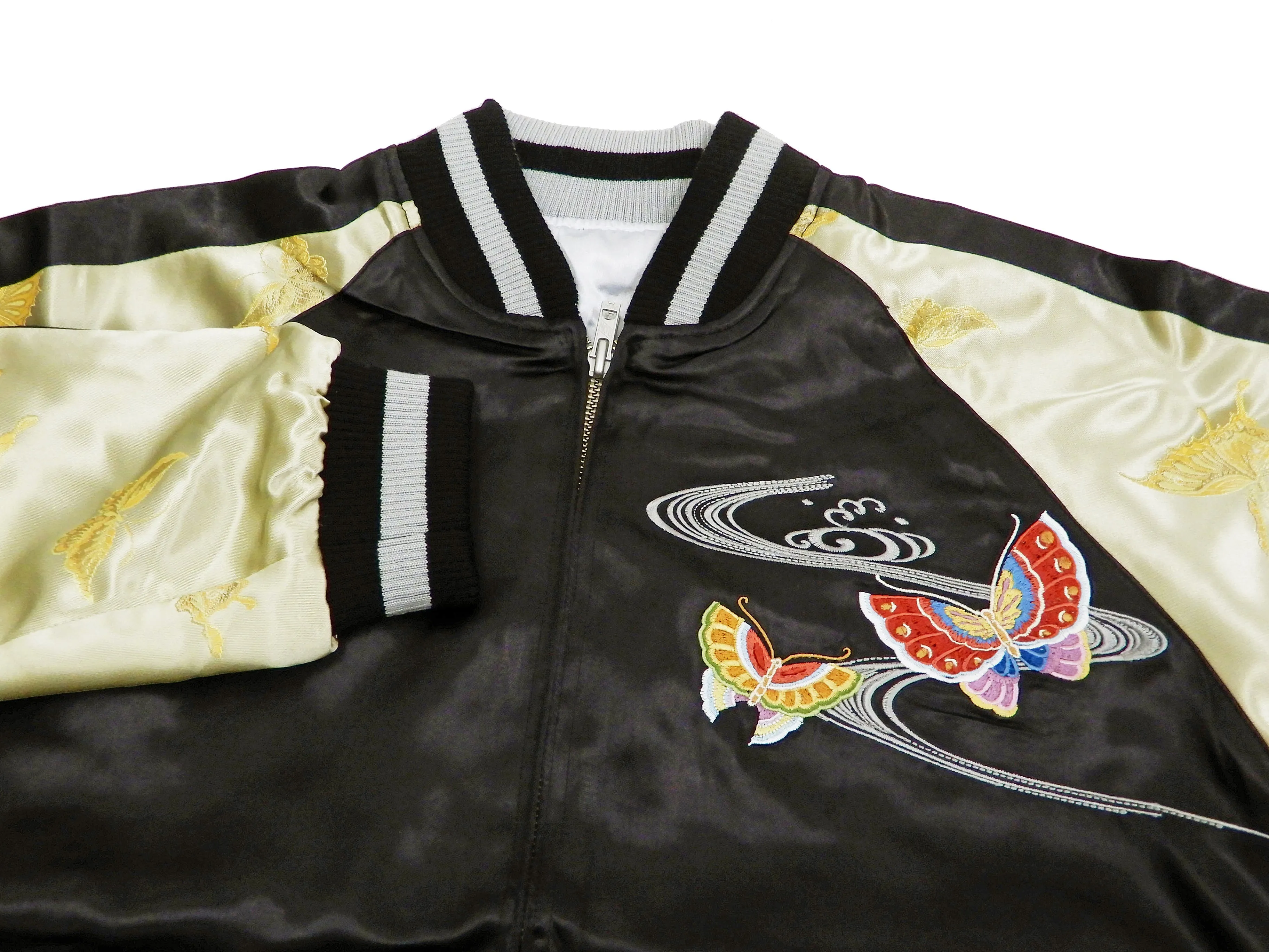 Hanatabi Gakudan Men's Japanese Souvenir Jacket Japanese Butterfly Art Sukajan Script SSJ-704