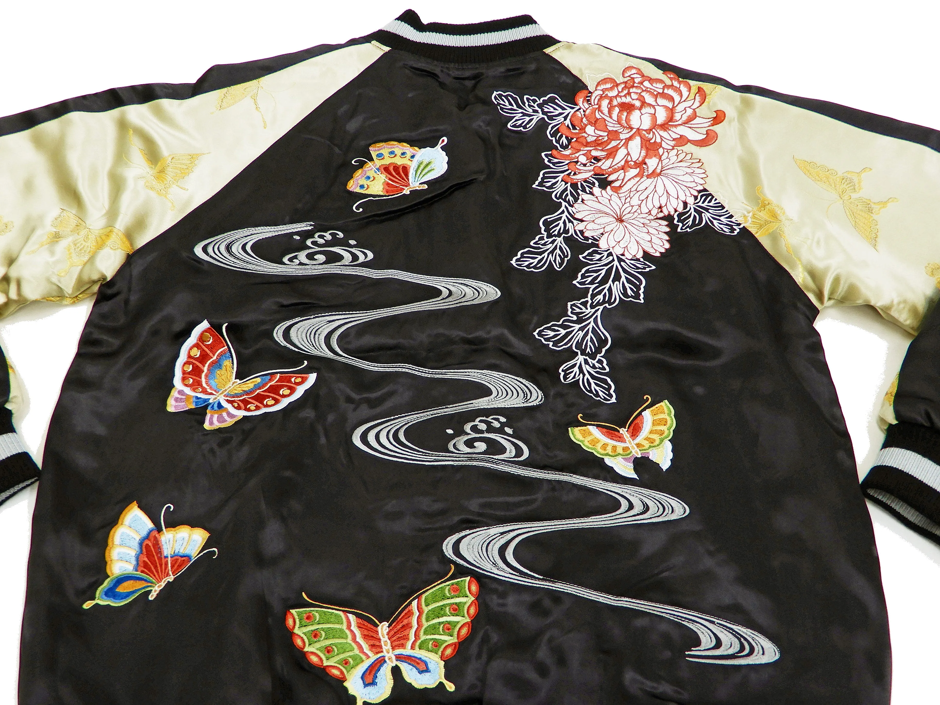 Hanatabi Gakudan Men's Japanese Souvenir Jacket Japanese Butterfly Art Sukajan Script SSJ-704