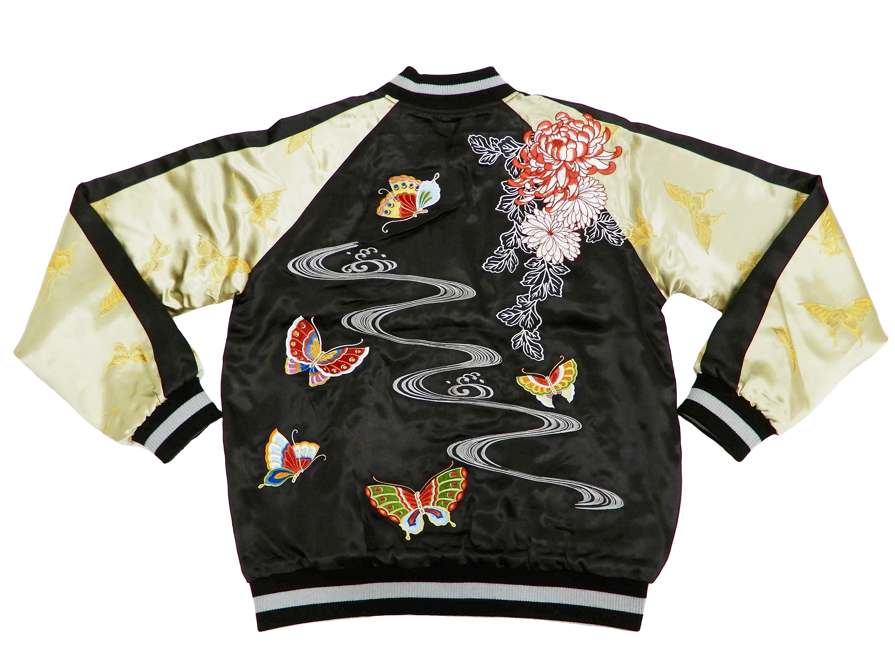 Hanatabi Gakudan Men's Japanese Souvenir Jacket Japanese Butterfly Art Sukajan Script SSJ-704