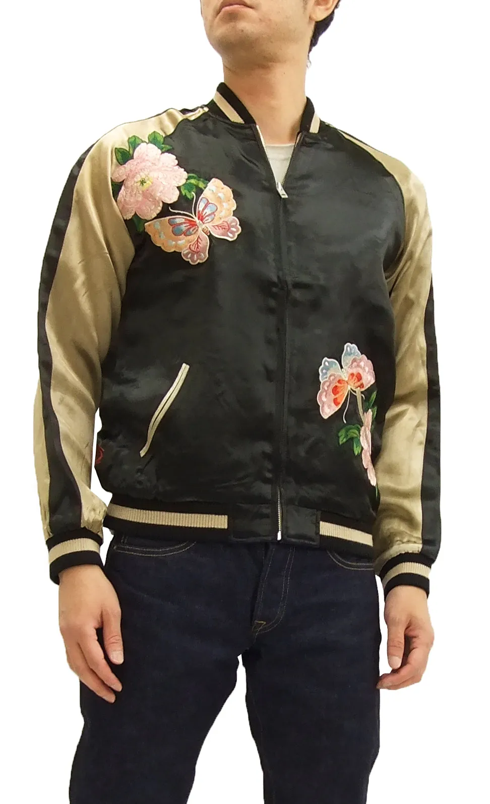 Hanatabi Gakudan Men's Japanese Souvenir Jacket Japanese Butterfly Sukajan Script SSJ-021