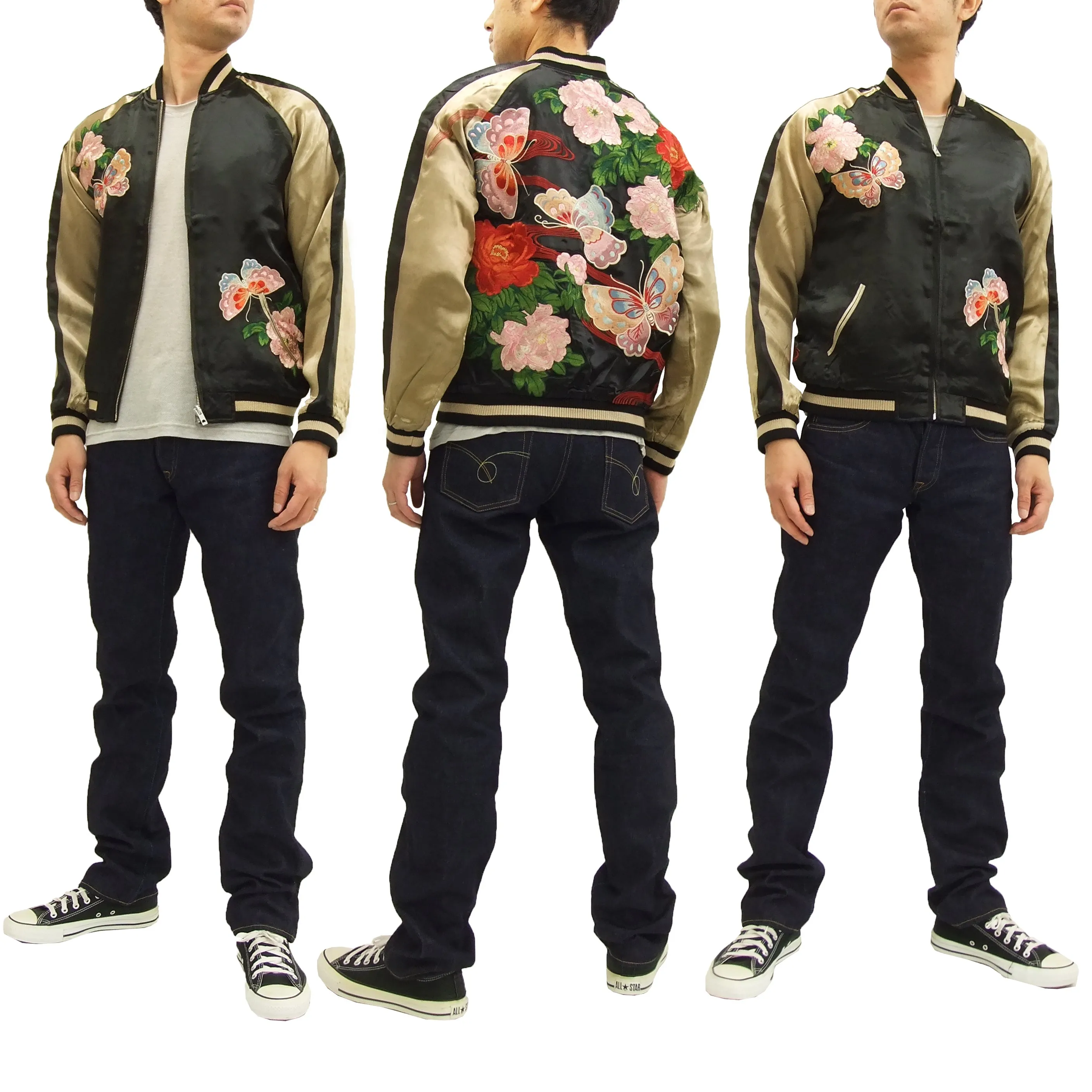 Hanatabi Gakudan Men's Japanese Souvenir Jacket Japanese Butterfly Sukajan Script SSJ-021