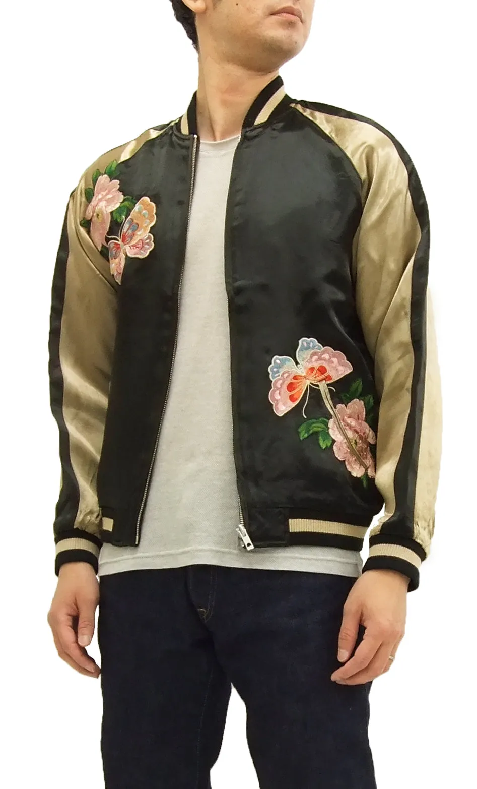 Hanatabi Gakudan Men's Japanese Souvenir Jacket Japanese Butterfly Sukajan Script SSJ-021