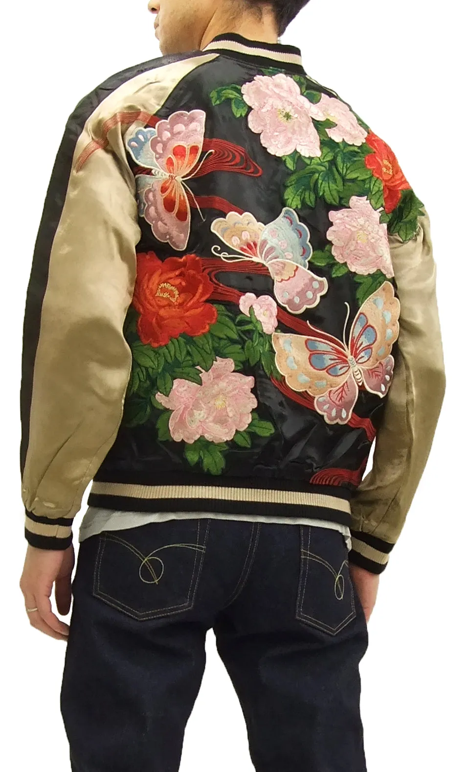 Hanatabi Gakudan Men's Japanese Souvenir Jacket Japanese Butterfly Sukajan Script SSJ-021