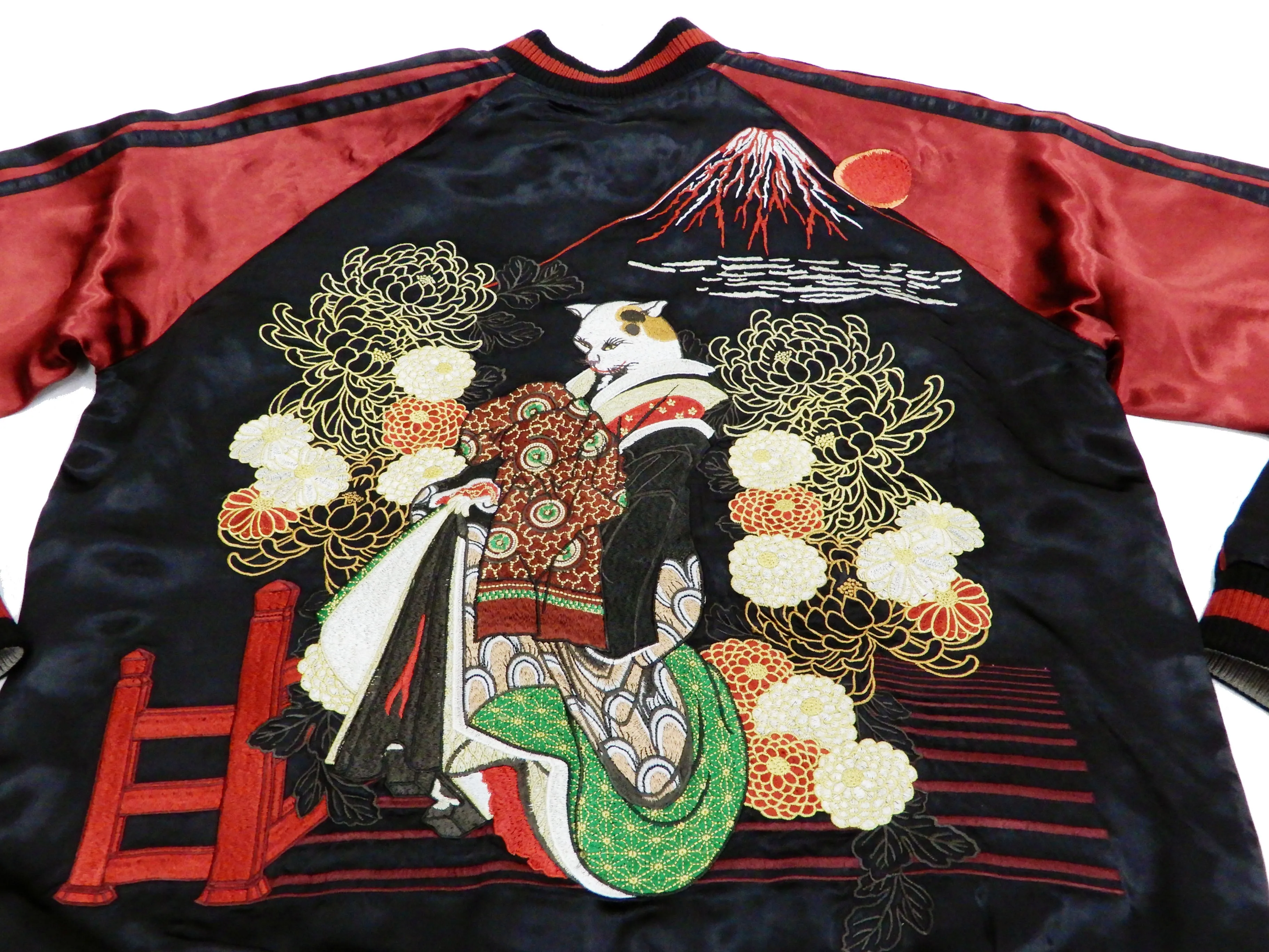 Hanatabi Gakudan Men's Japanese Souvenir Jacket Japanese Cat Art Sukajan Script SSJ-519