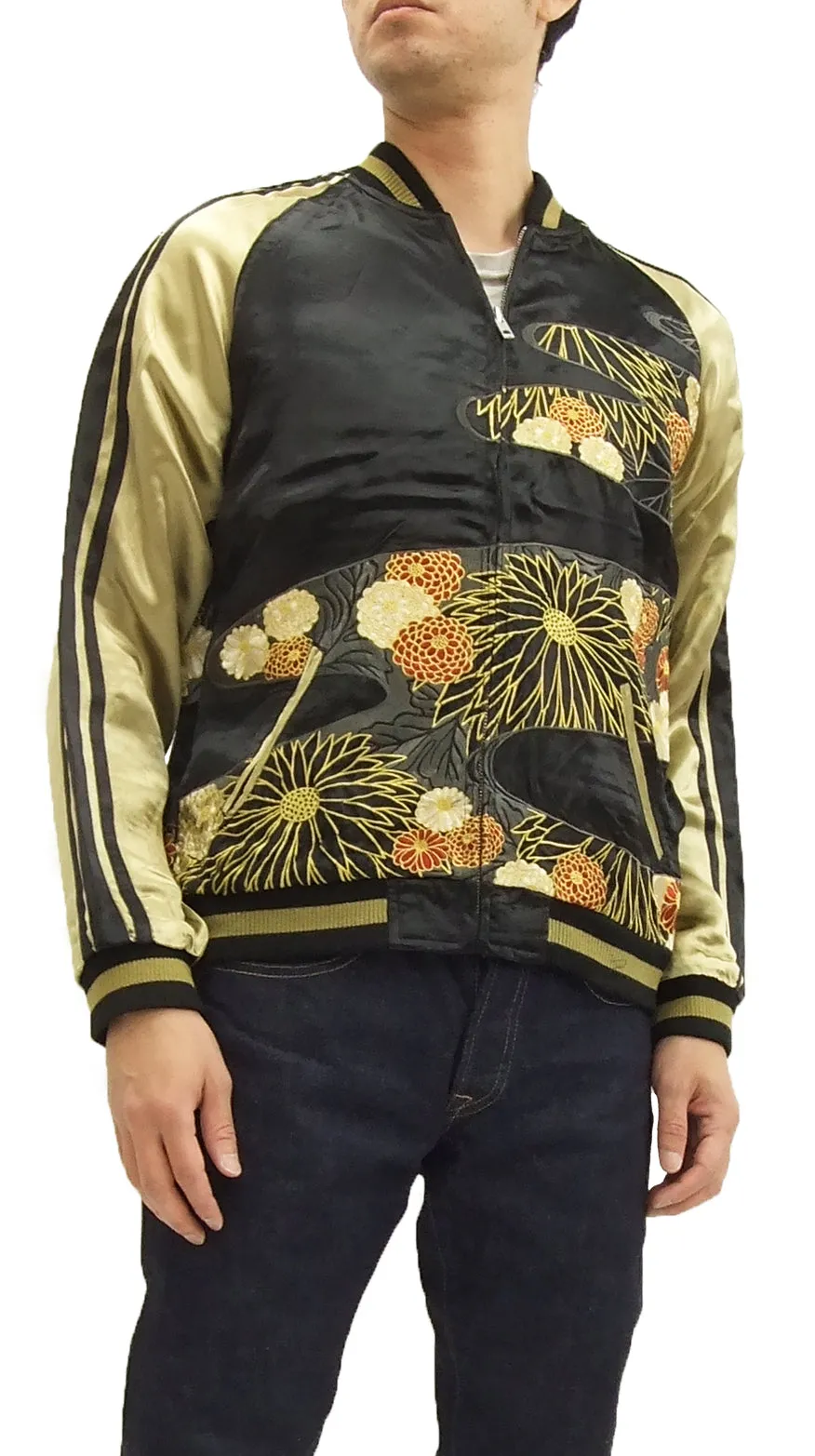 Hanatabi Gakudan Men's Japanese Souvenir Jacket Japanese crane Sukajan Script SSJ-020