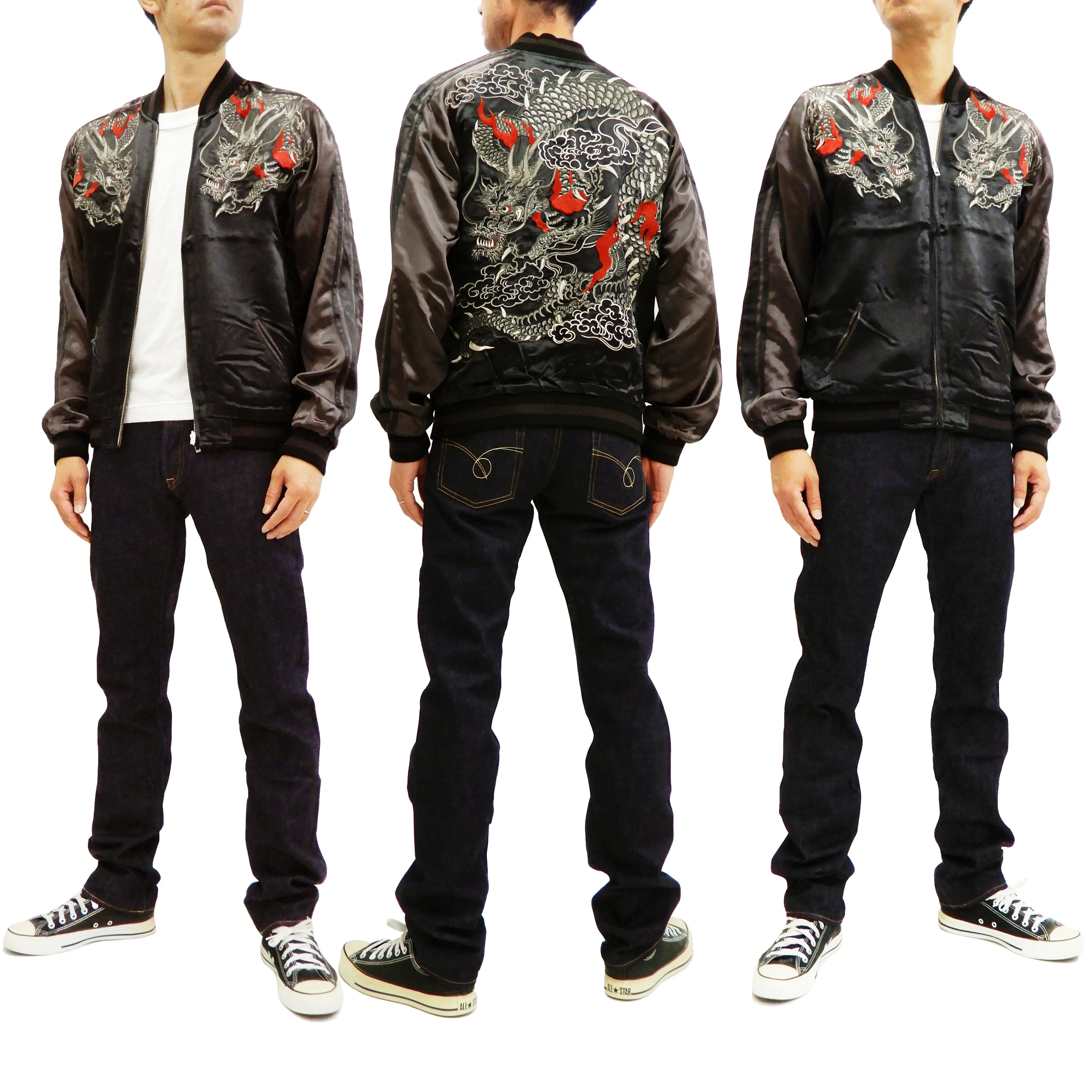 Hanatabi Gakudan Men's Japanese Souvenir Jacket Japanese dragon Sukajan Script SSJ-032