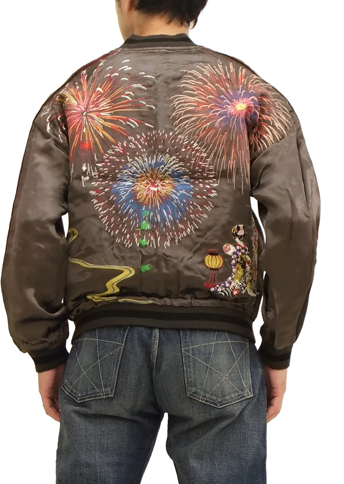 Hanatabi Gakudan Men's Japanese Souvenir Jacket Japanese Fireworks Sukajan Script SKJ-142