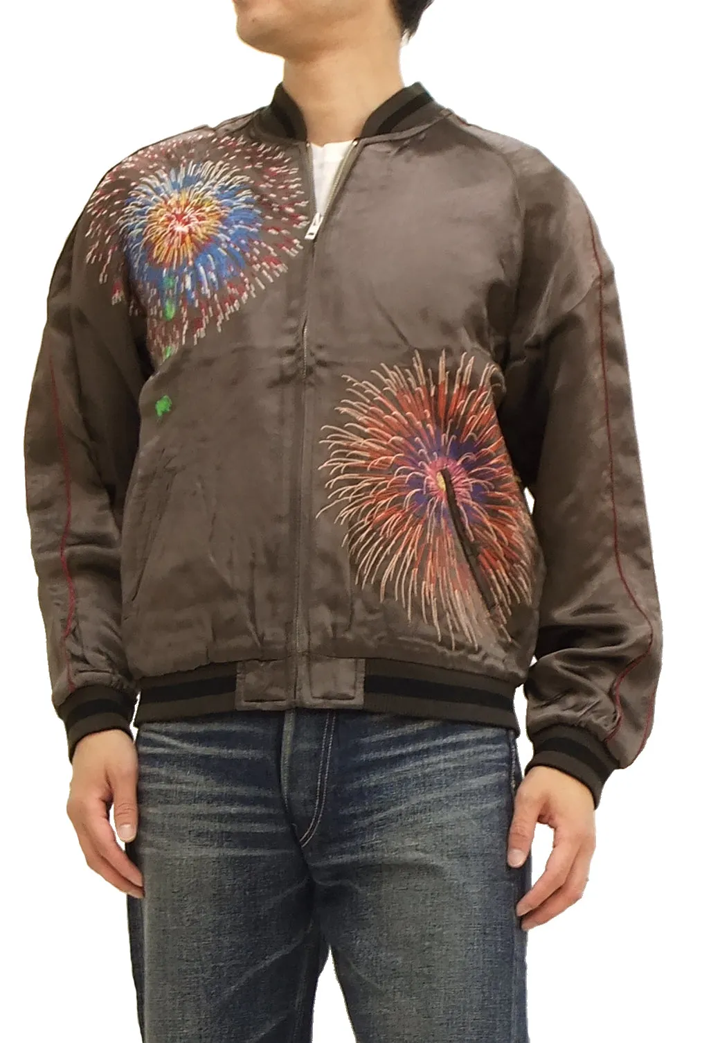 Hanatabi Gakudan Men's Japanese Souvenir Jacket Japanese Fireworks Sukajan Script SKJ-142