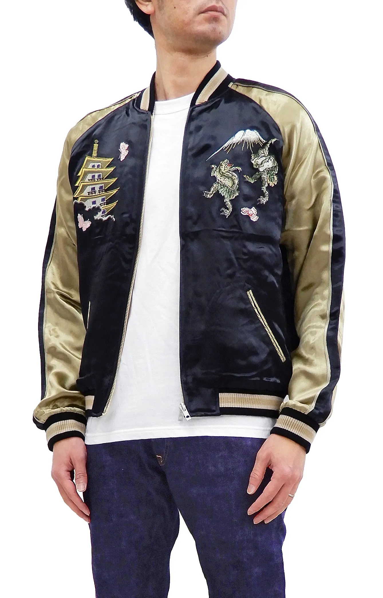 Hanatabi Gakudan Men's Japanese Souvenir Jacket Japanese Frog Art Sukajan Script SSJ-523