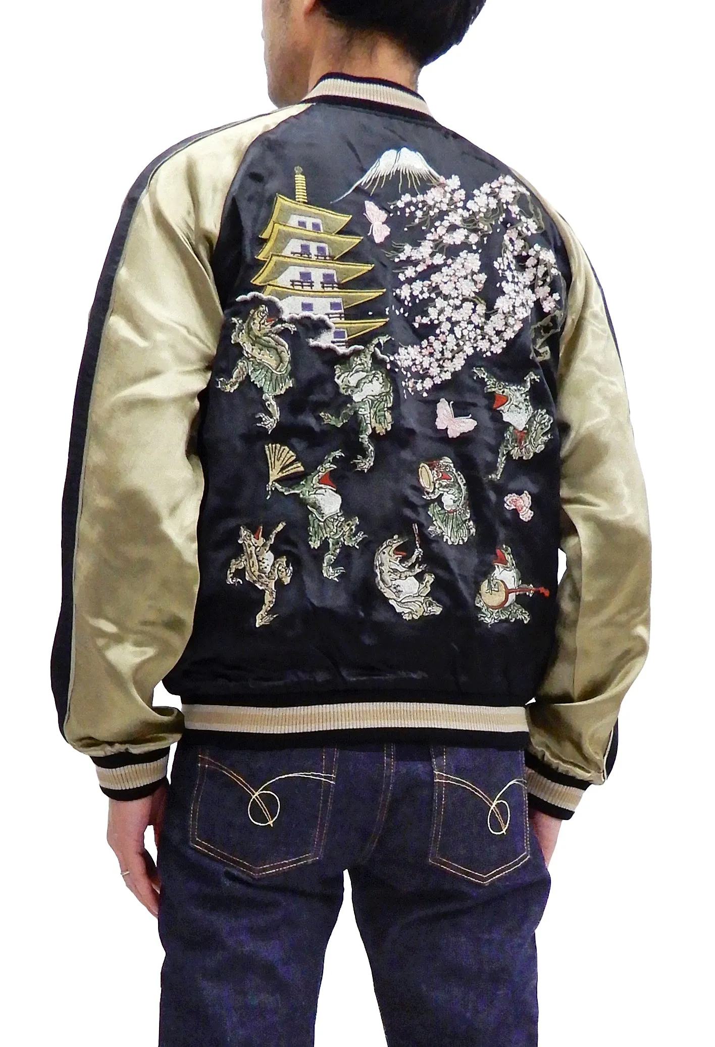 Hanatabi Gakudan Men's Japanese Souvenir Jacket Japanese Frog Art Sukajan Script SSJ-523