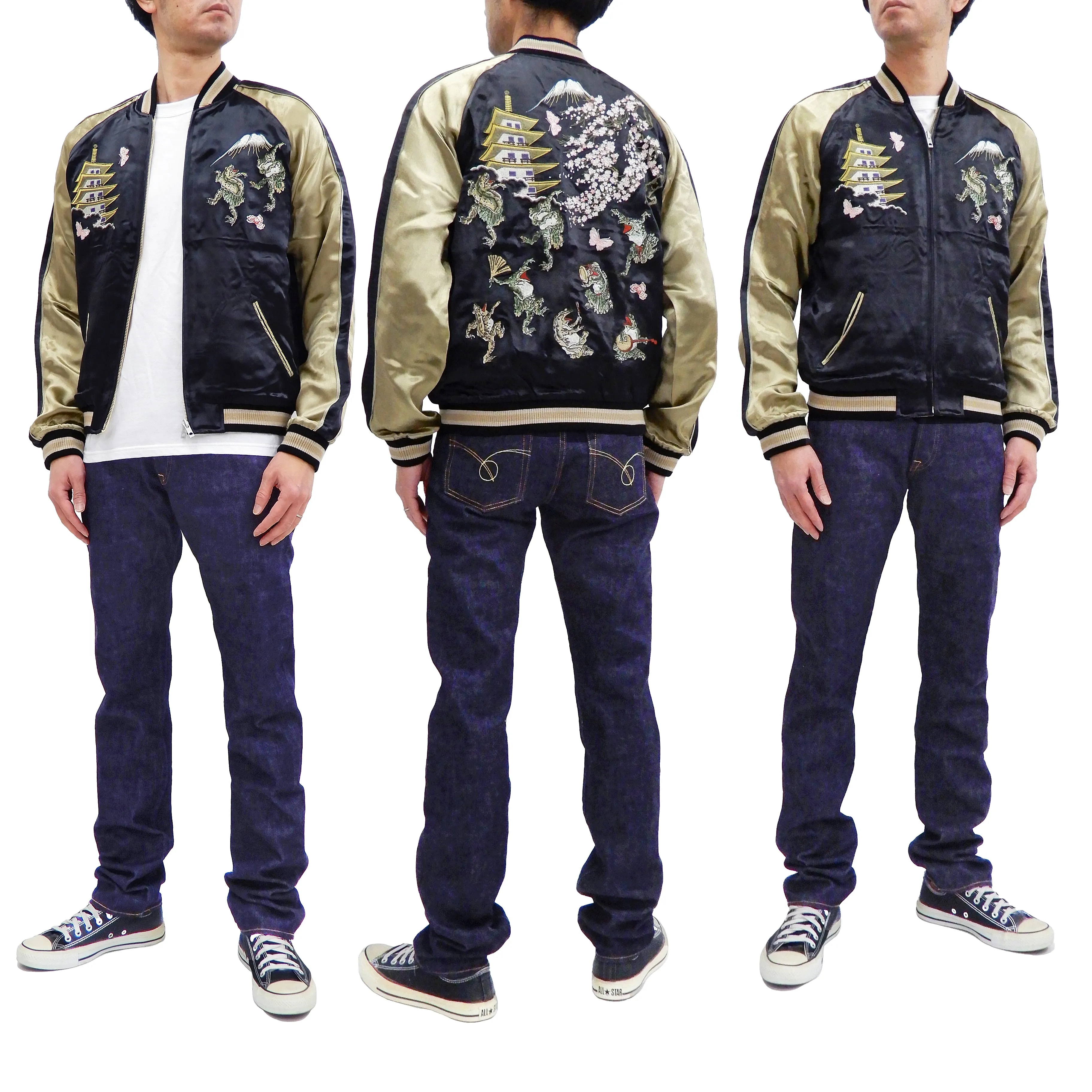 Hanatabi Gakudan Men's Japanese Souvenir Jacket Japanese Frog Art Sukajan Script SSJ-523