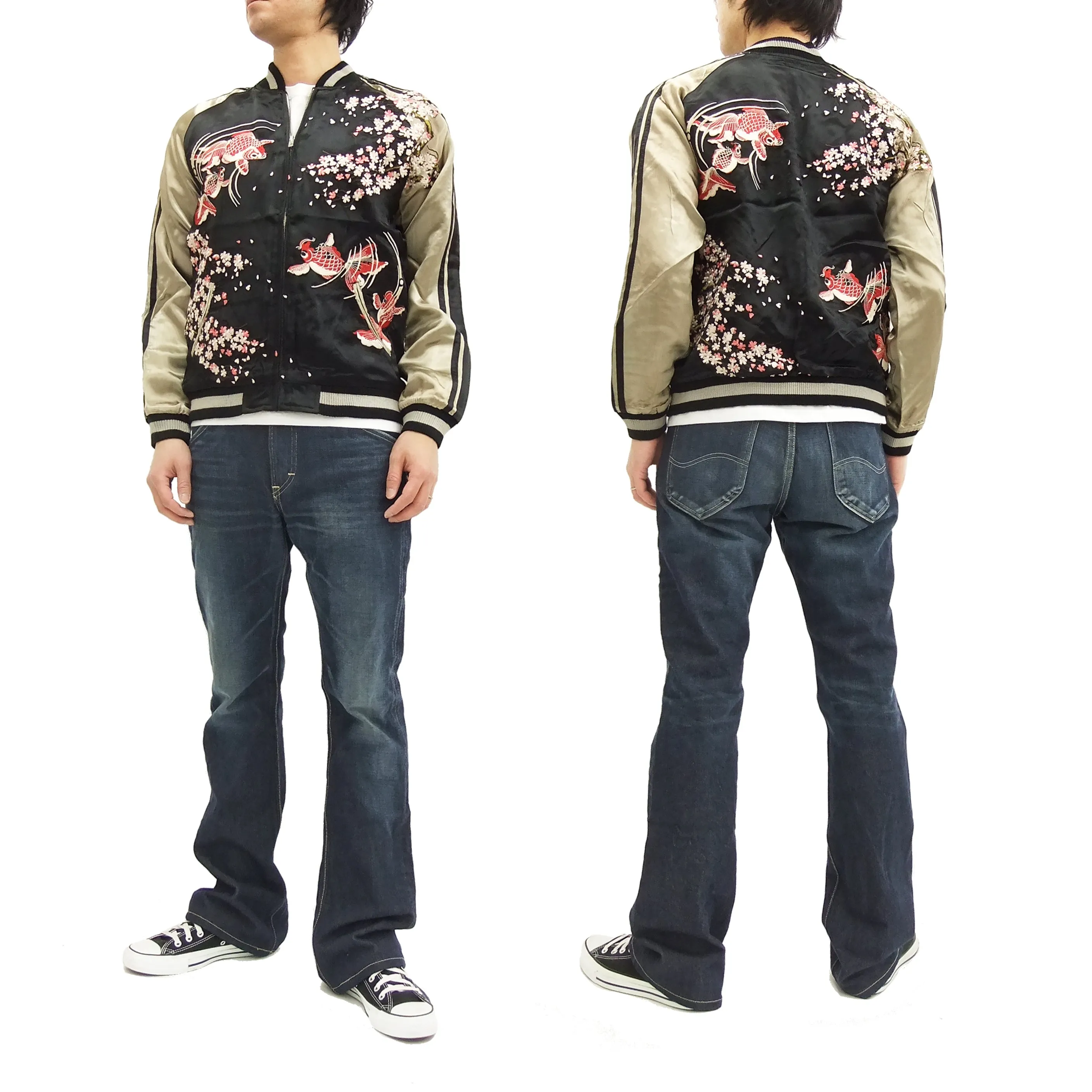 Hanatabi Gakudan Men's Japanese Souvenir Jacket Japanese goldfish Sukajan Script SSJ-502