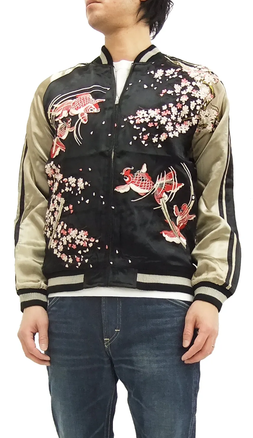 Hanatabi Gakudan Men's Japanese Souvenir Jacket Japanese goldfish Sukajan Script SSJ-502