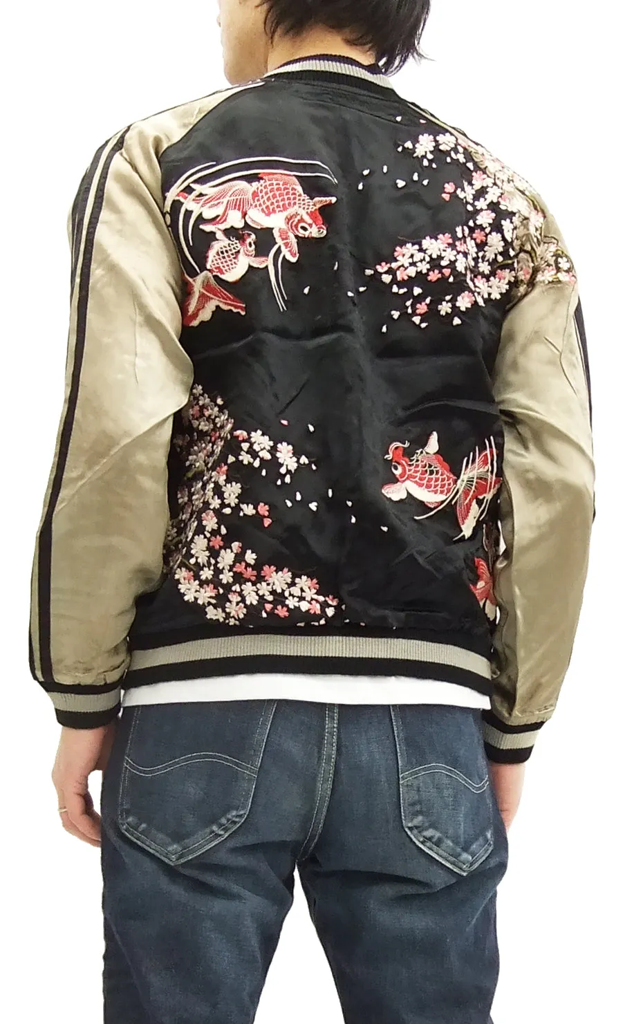 Hanatabi Gakudan Men's Japanese Souvenir Jacket Japanese goldfish Sukajan Script SSJ-502