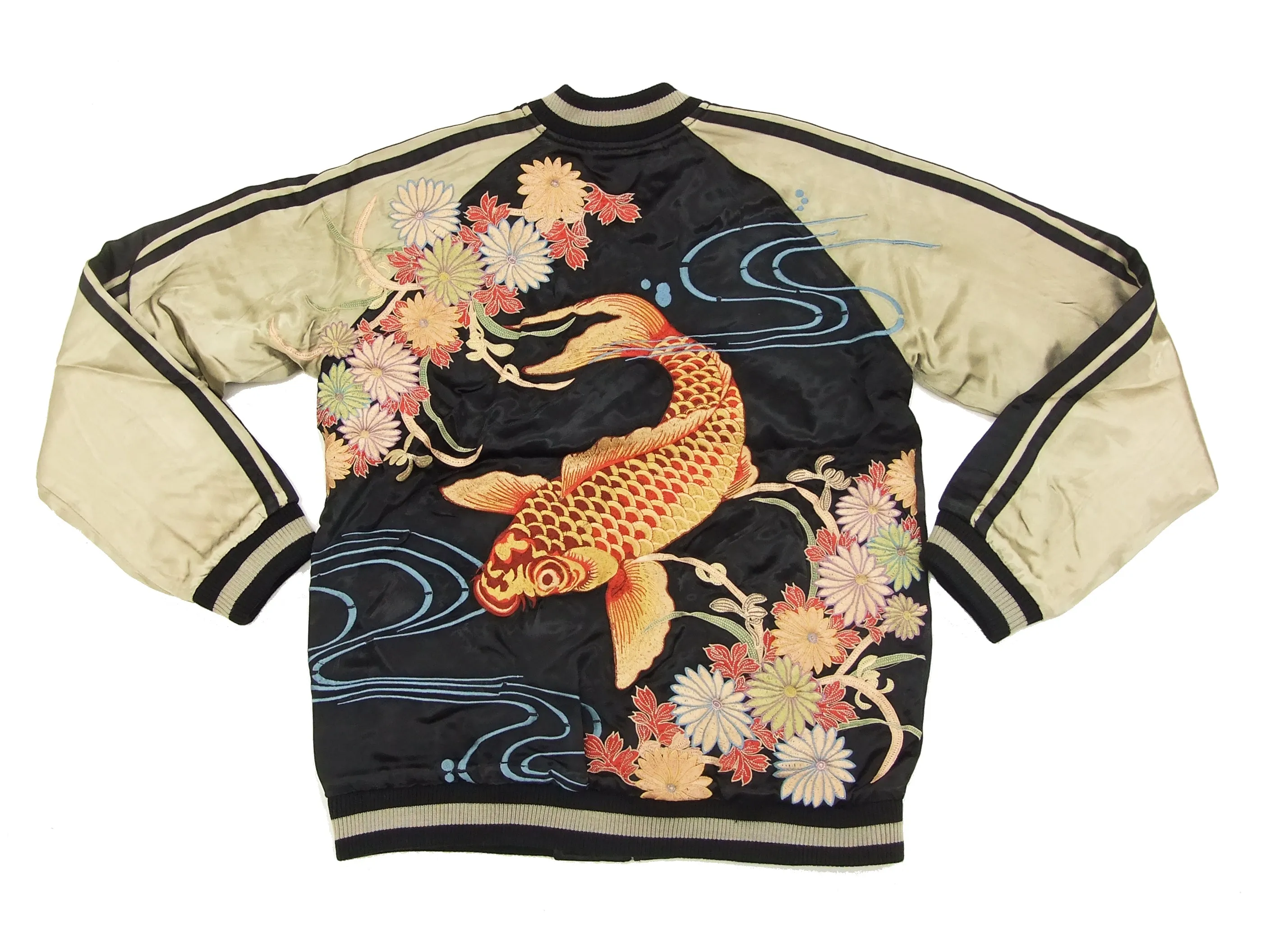 Hanatabi Gakudan Men's Japanese Souvenir Jacket Japanese Koi Fish Carp Sukajan Script SSJ-503